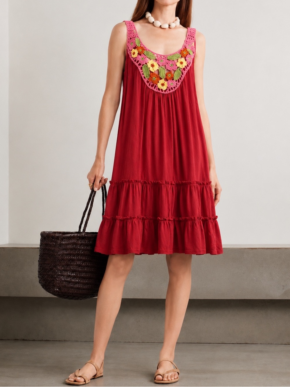 Crochet Yoke Tiered Sundress in Rust with Pink & Green Accents (0099)